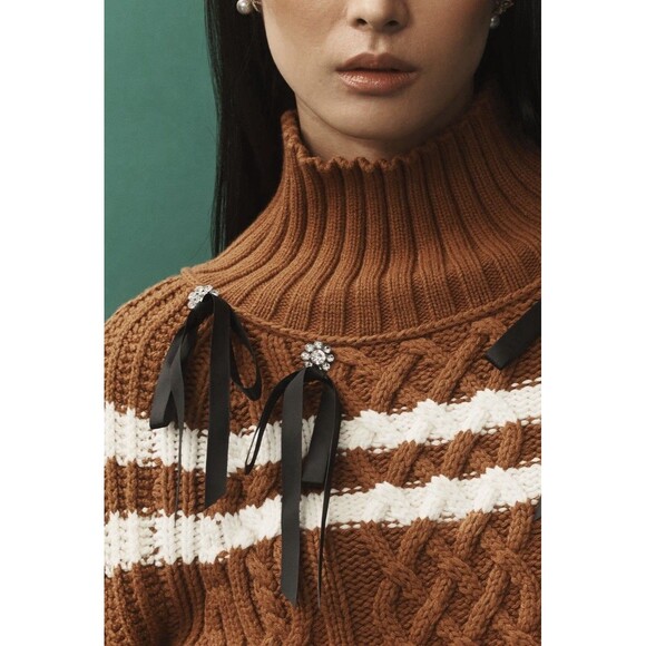 Anthropologie Maeve Turtleneck Balloon-Sleeve Bow Sweater Size Sm Honey NWT - Picture 2 of 9